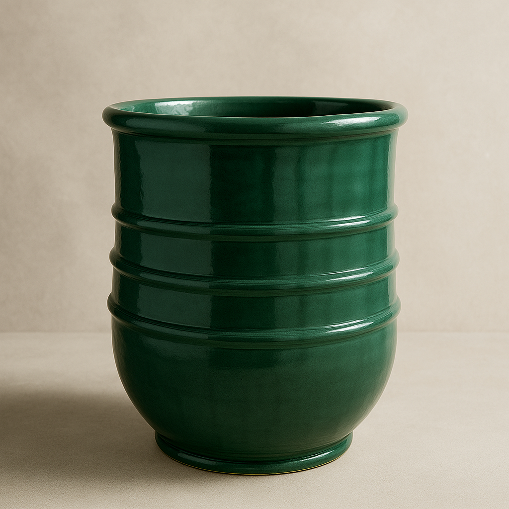 Handcrafted Ceramic Planter – Emerald Green (Ribbed Design)