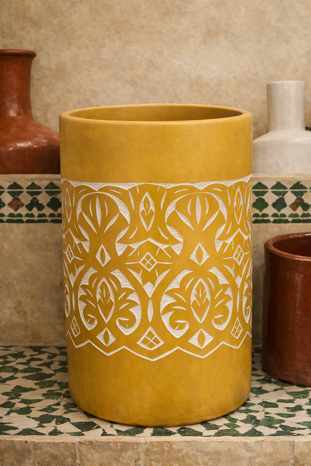 Handcrafted Moroccan Ceramic Planter – Mustard Yellow with Engraved Motifs