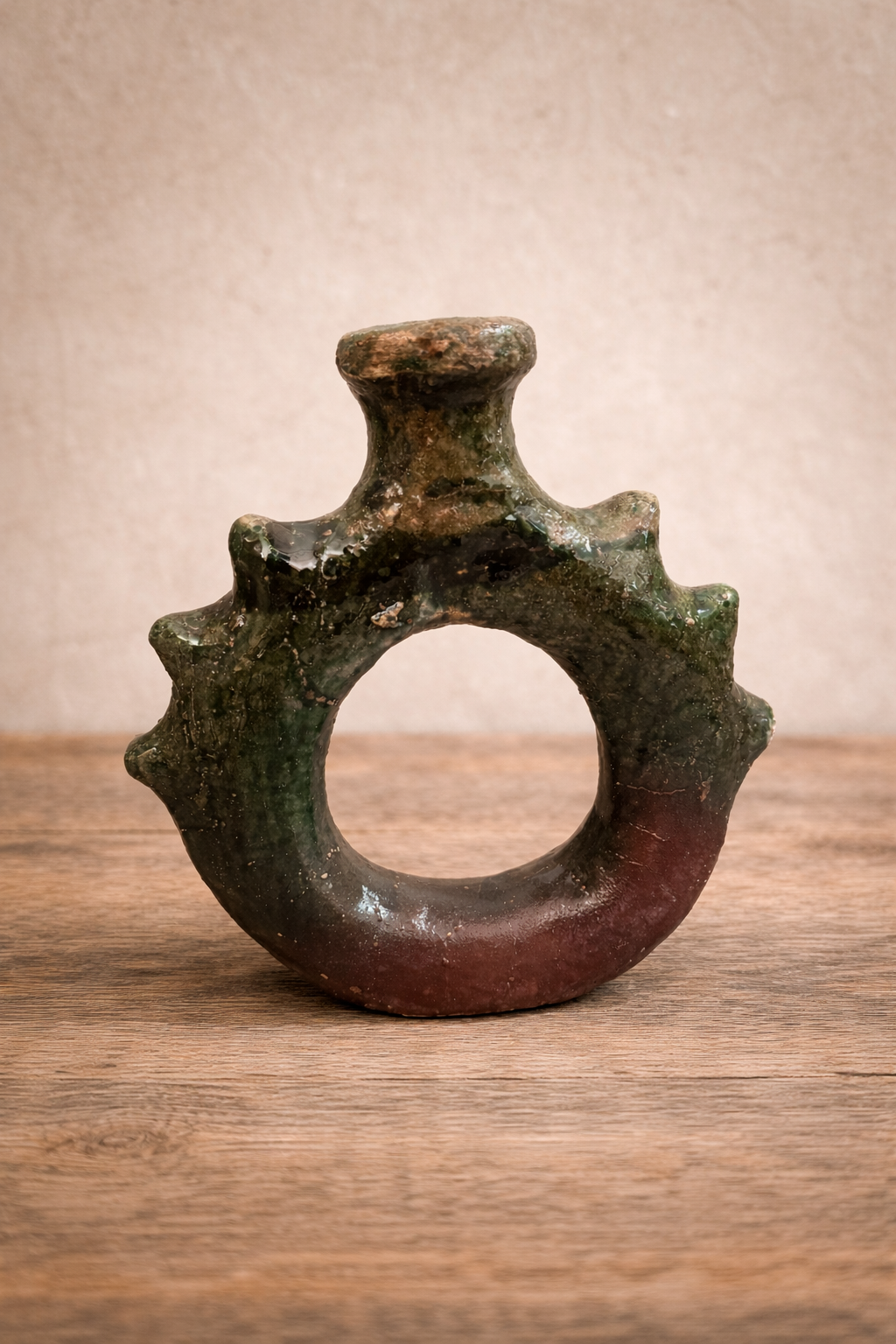 Handcrafted Ceramic Ring Vase – Green & Brown Glazed Decorative Piece