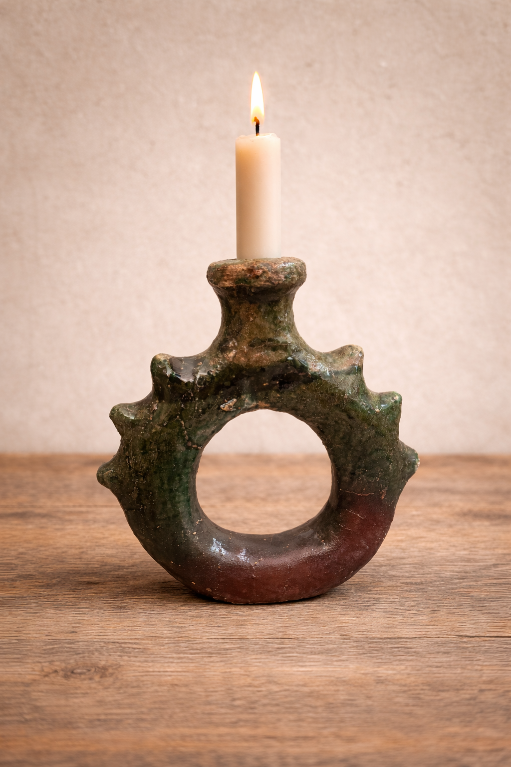 Handcrafted Ceramic Ring Vase – Green & Brown Glazed Decorative Piece