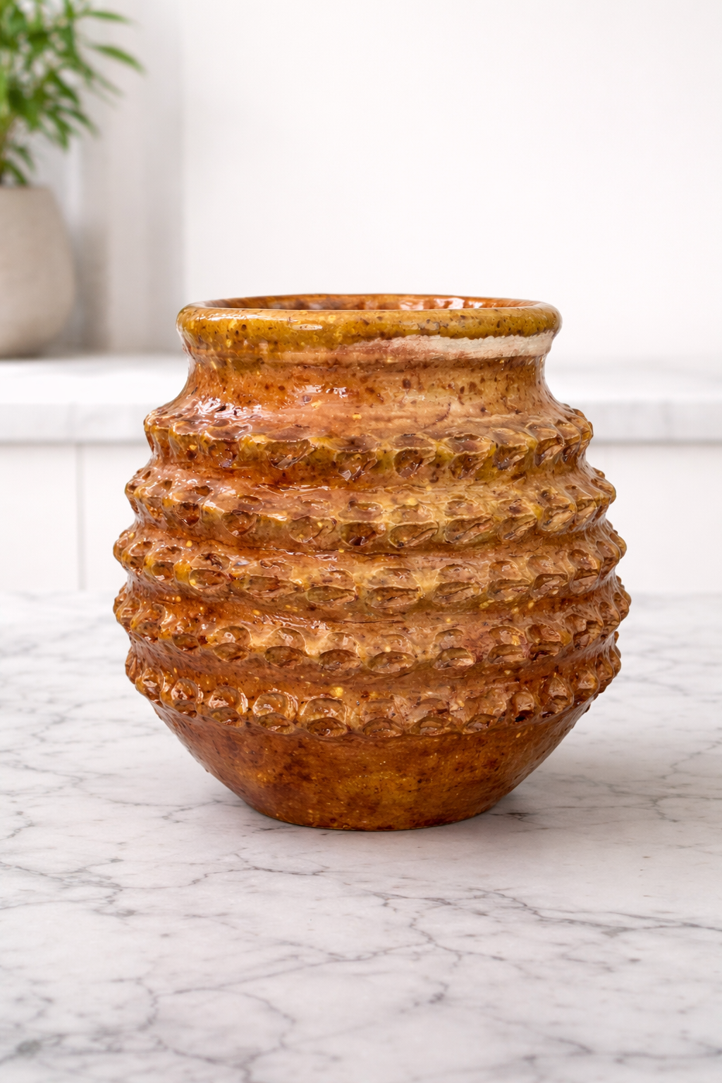 Handcrafted Textured Ceramic Vase – Mustard Glazed Decorative Planter