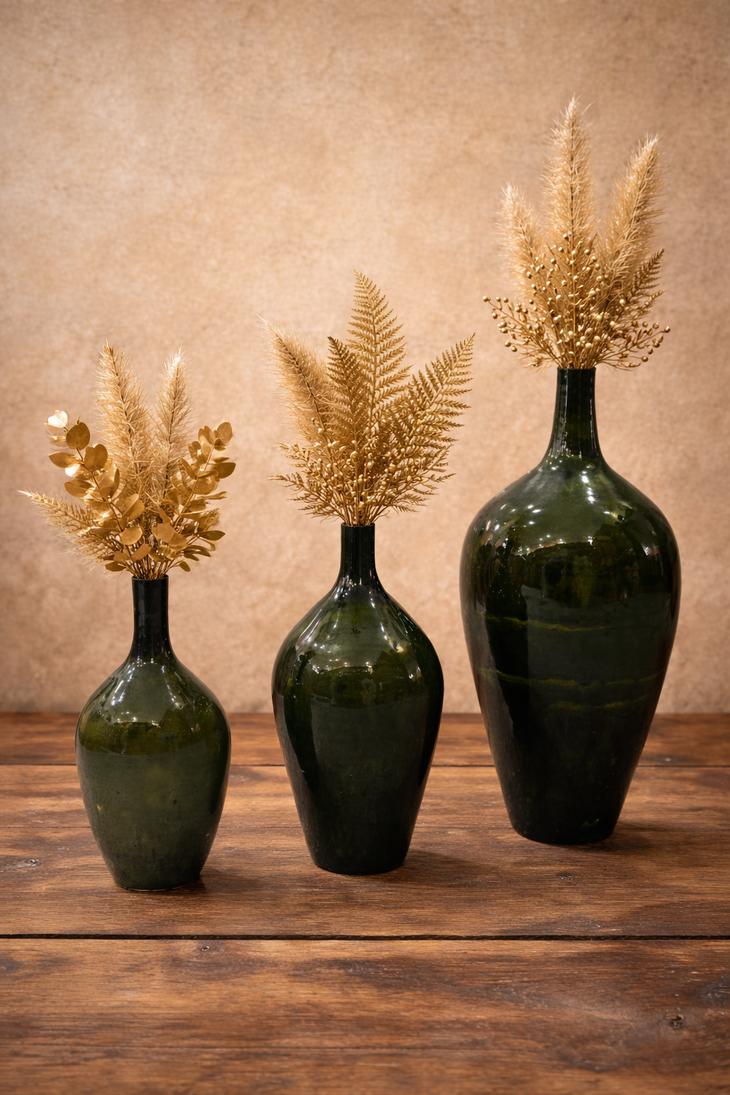 Trio of Green Vases with Golden Foliage