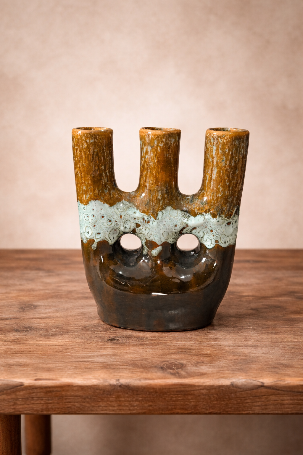 Handcrafted Ceramic Triple Candle Holder – Brown & Turquoise