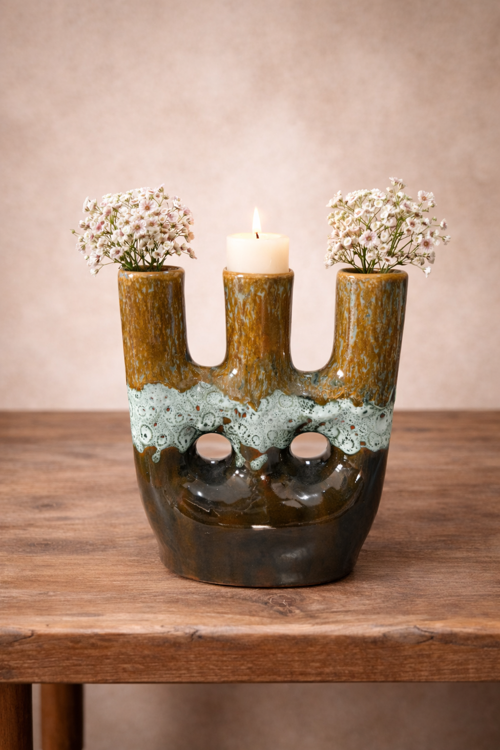 Handcrafted Ceramic Triple Candle Holder – Brown & Turquoise