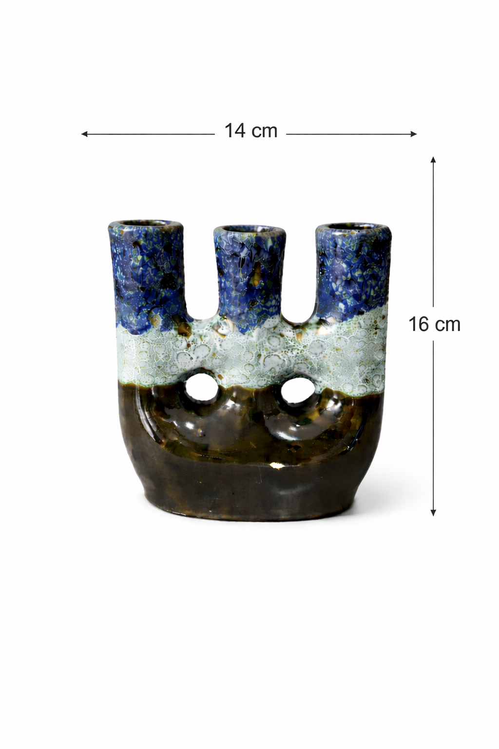 Handcrafted Triple Opening Ceramic Vase in Blue