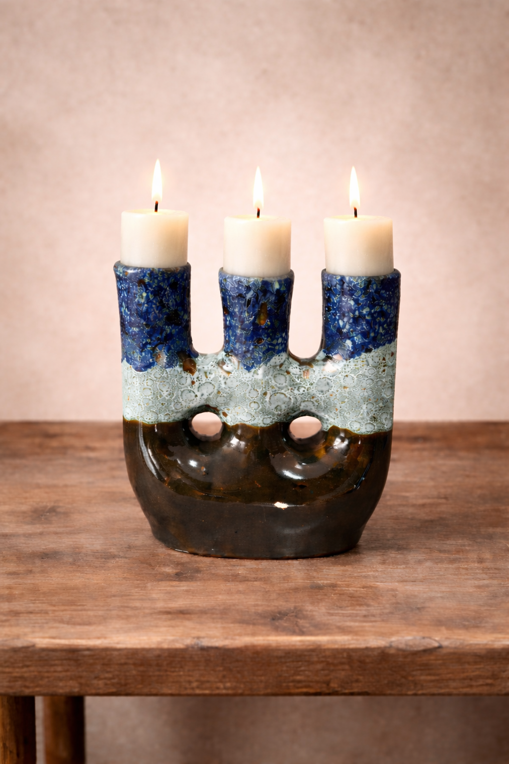 Handcrafted Triple Opening Ceramic Vase in Blue