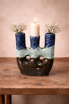 Handcrafted Triple Opening Ceramic Vase in Blue