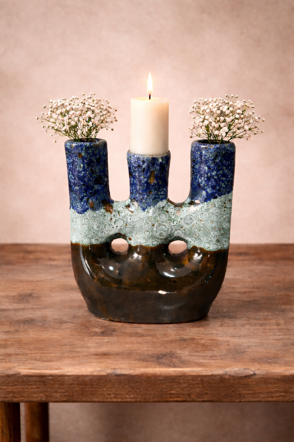 Handcrafted Triple Opening Ceramic Vase in Blue