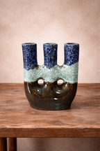 Handcrafted Triple Opening Ceramic Vase in Blue