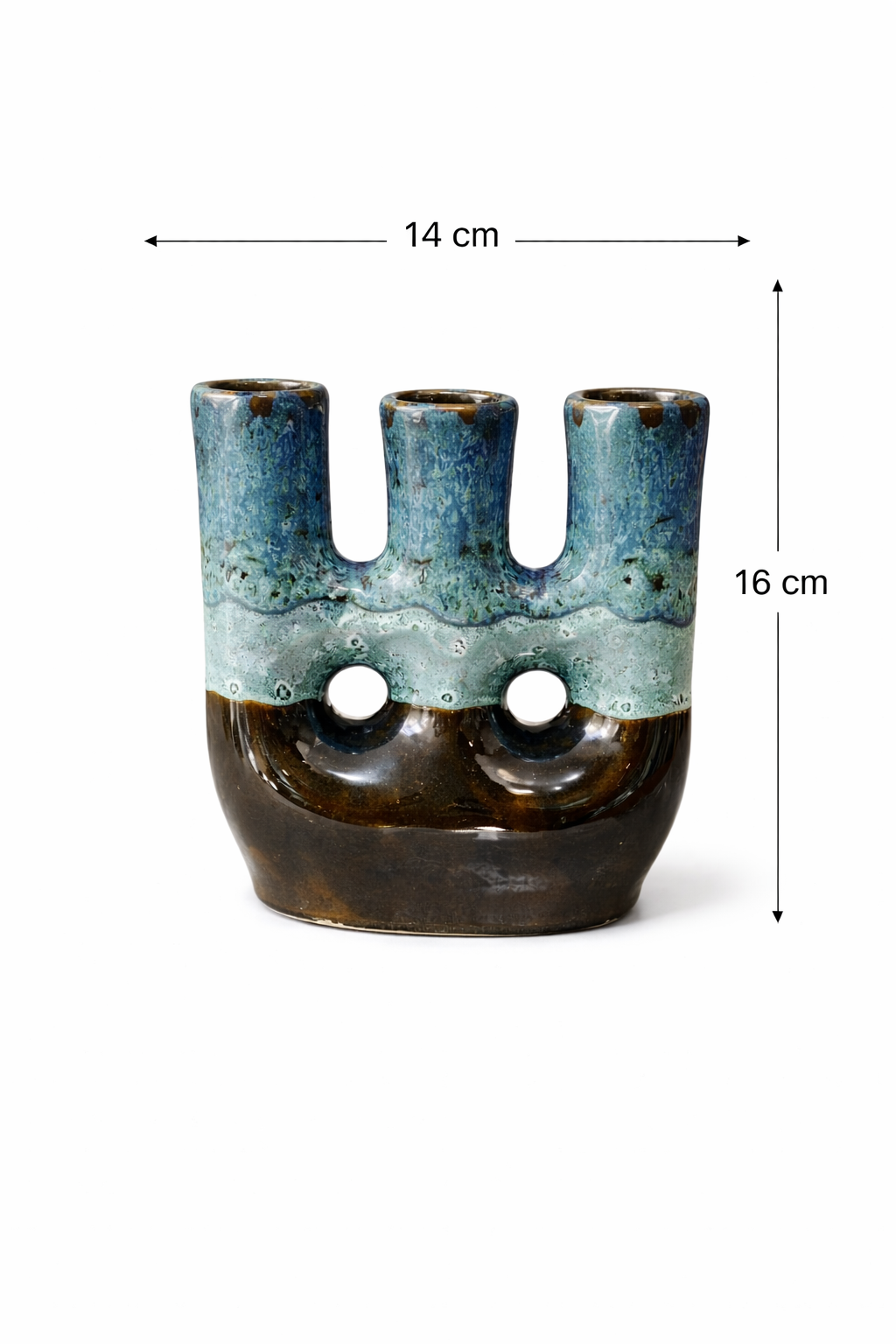 Handcrafted Triple Opening Ceramic Vase in Turquoise Blue