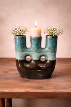 Handcrafted Triple Opening Ceramic Vase in Turquoise Blue
