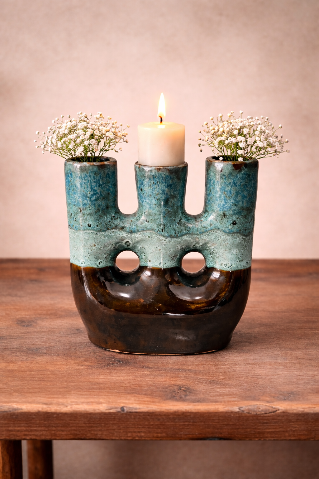 Handcrafted Triple Opening Ceramic Vase in Turquoise Blue