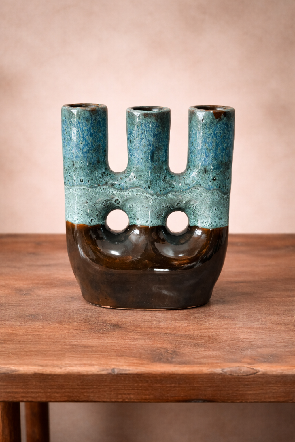 Handcrafted Triple Opening Ceramic Vase in Turquoise Blue