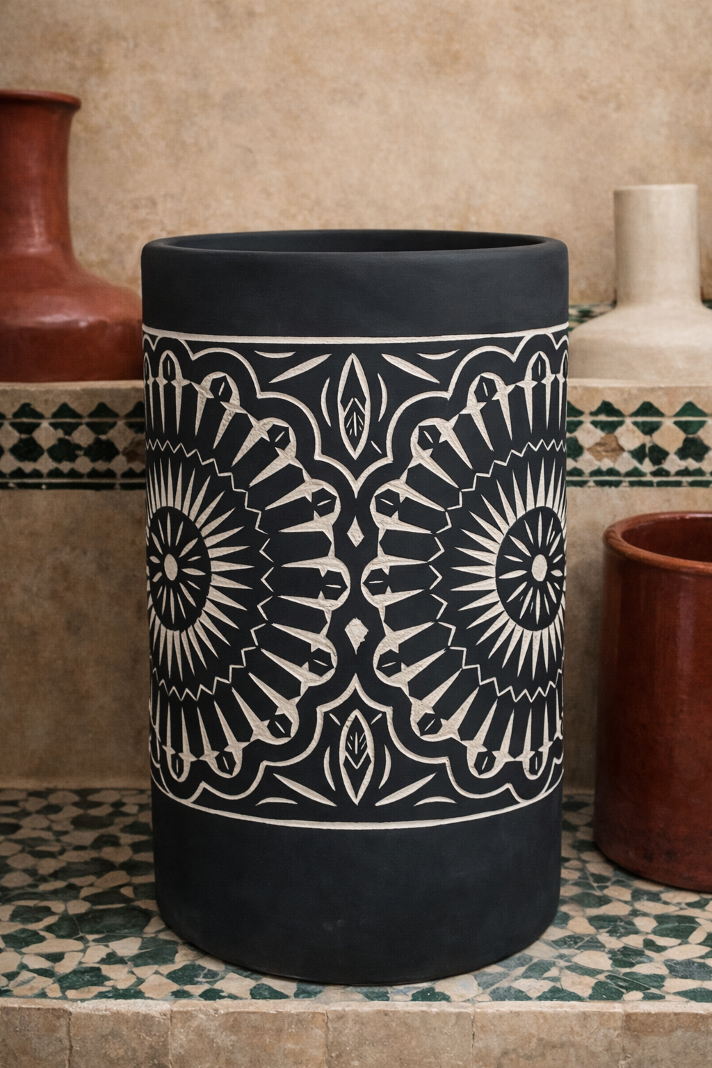 Handcrafted Moroccan Ceramic Planter – Matte Black with Engraved Motifs