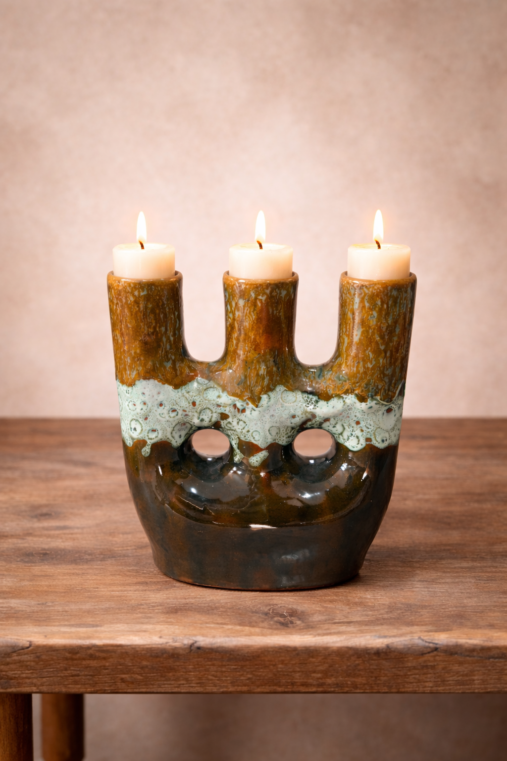 Handcrafted Ceramic Triple Candle Holder – Brown & Turquoise