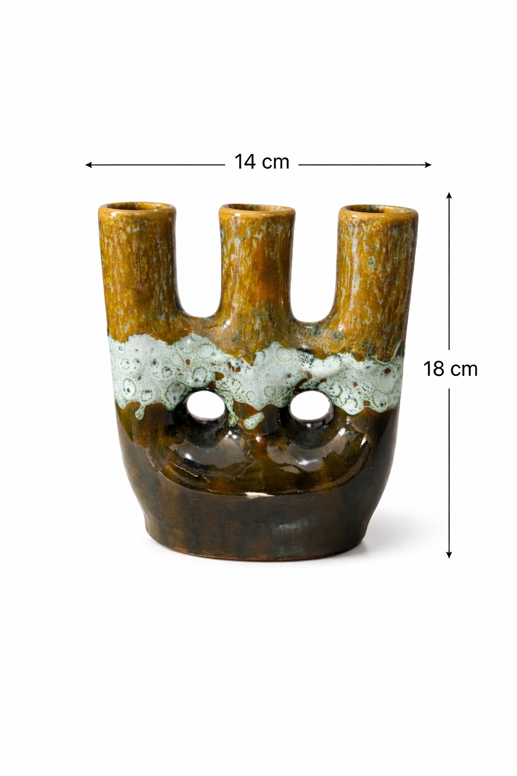 Handcrafted Ceramic Triple Candle Holder – Brown & Turquoise