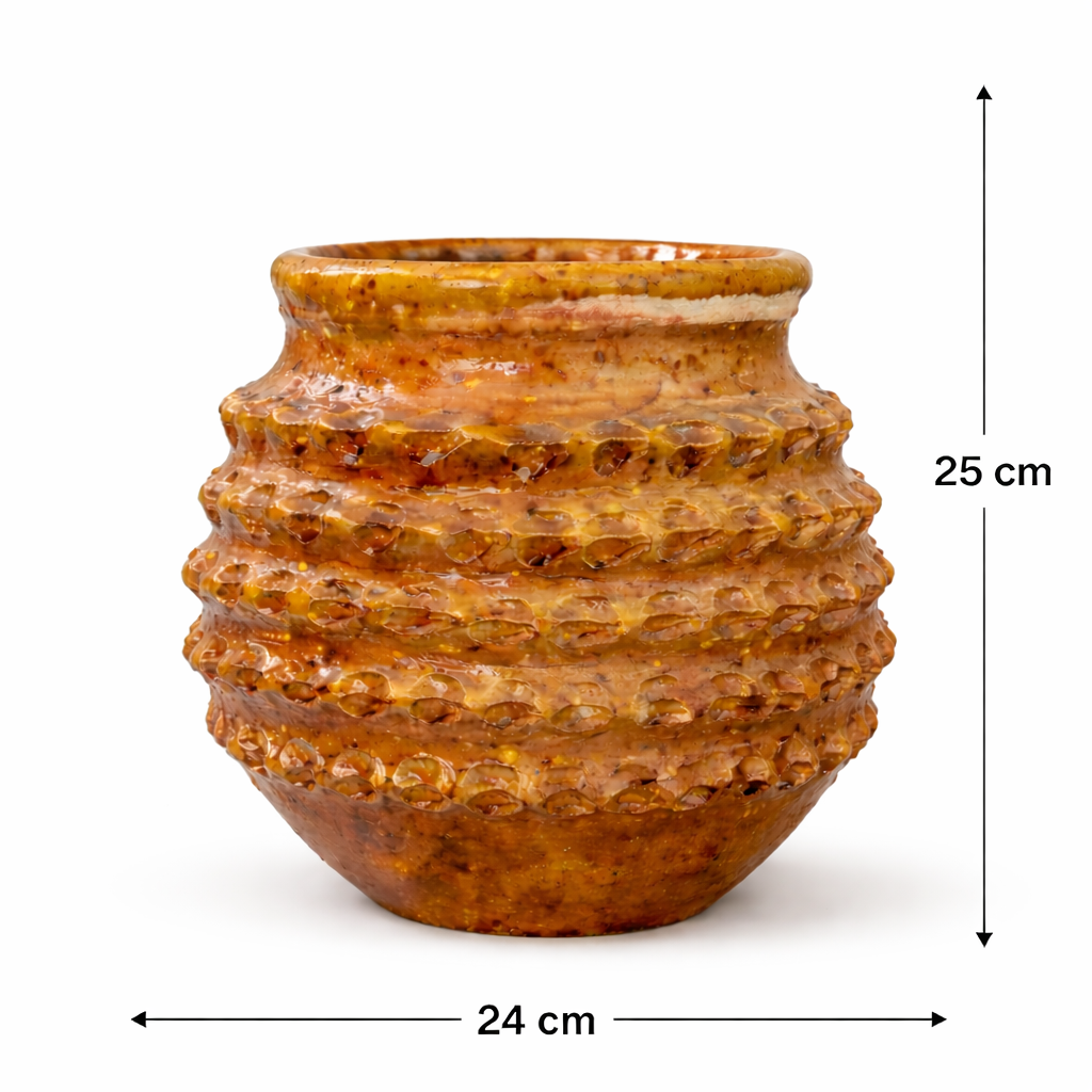 Handcrafted Textured Ceramic Vase – Mustard Glazed Decorative Planter