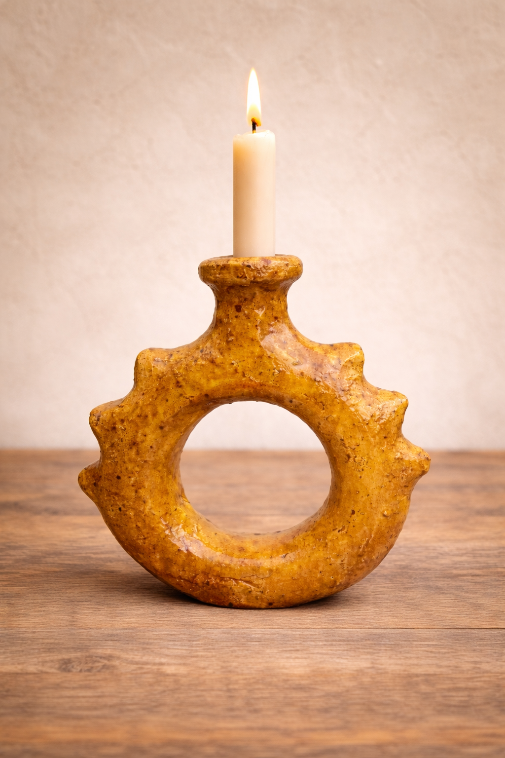 Handcrafted Ceramic Ring Candle Holder – Mustard Glazed Decorative Piece